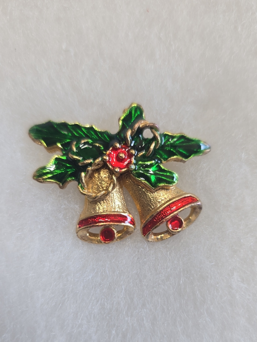 Festive Gold-tone Holly Bells Brooch with Green Enamel Leaves